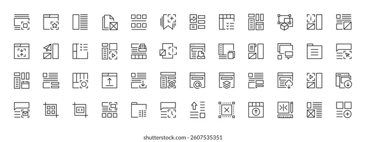 Interface and Layout icon collection. Grid icon set. User interface icons, sidebar, layout, grid system, toolbar, wireframe, alignment guide, configuration and more. Editable stroke. Pixel Perfect.