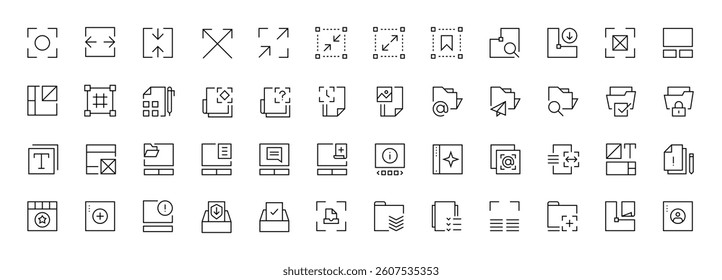 Interface and Layout icon collection. Grid icon set. User interface icons, sidebar, layout, grid system, toolbar, wireframe, alignment guide, configuration and more. Editable stroke. Pixel Perfect.