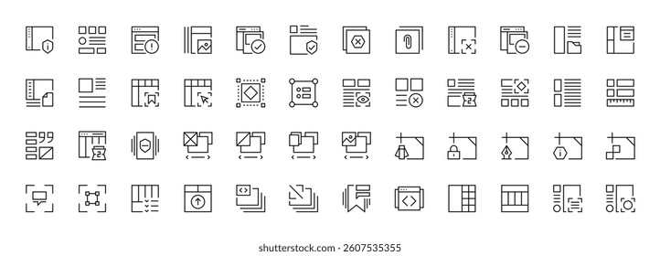 Interface and Layout icon collection. Grid icon set. User interface icons, sidebar, layout, grid system, toolbar, wireframe, alignment guide, configuration and more. Editable stroke. Pixel Perfect.