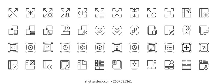 Interface and Layout icon collection. Grid icon set. User interface icons, sidebar, layout, grid system, toolbar, wireframe, alignment guide, configuration and more. Editable stroke. Pixel Perfect.