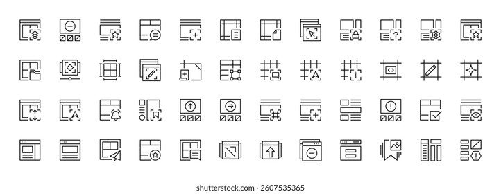 Interface and Layout icon collection. Grid icon set. User interface icons, sidebar, layout, grid system, toolbar, wireframe, alignment guide, configuration and more. Editable stroke. Pixel Perfect.