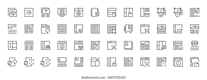 Interface and Layout icon collection. Grid icon set. User interface icons, sidebar, layout, grid system, toolbar, wireframe, alignment guide, configuration and more. Editable stroke. Pixel Perfect.