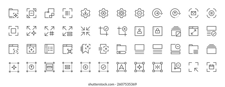 Interface and Layout icon collection. Grid icon set. User interface icons, sidebar, layout, grid system, toolbar, wireframe, alignment guide, configuration and more. Editable stroke. Pixel Perfect.