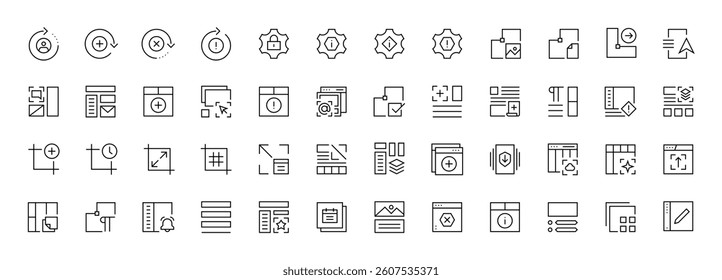 Interface and Layout icon collection. Grid icon set. User interface icons, sidebar, layout, grid system, toolbar, wireframe, alignment guide, configuration and more. Editable stroke. Pixel Perfect.