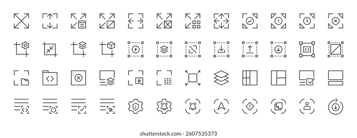Interface and Layout icon collection. Grid icon set. User interface icons, sidebar, layout, grid system, toolbar, wireframe, alignment guide, configuration and more. Editable stroke. Pixel Perfect.