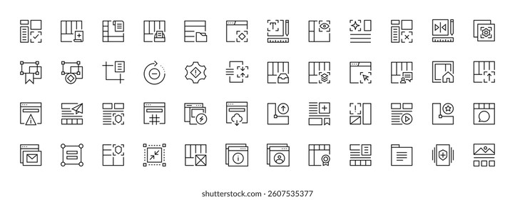 Interface and Layout icon collection. Grid icon set. User interface icons, sidebar, layout, grid system, toolbar, wireframe, alignment guide, configuration and more. Editable stroke. Pixel Perfect.