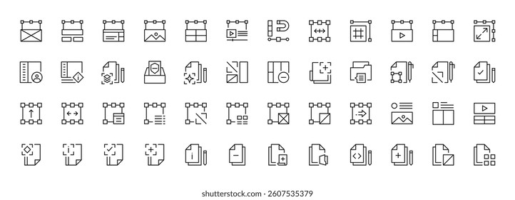 Interface and Layout icon collection. Grid icon set. User interface icons, sidebar, layout, grid system, toolbar, wireframe, alignment guide, configuration and more. Editable stroke. Pixel Perfect.
