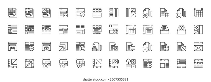 Interface and Layout icon collection. Grid icon set. User interface icons, sidebar, layout, grid system, toolbar, wireframe, alignment guide, configuration and more. Editable stroke. Pixel Perfect.