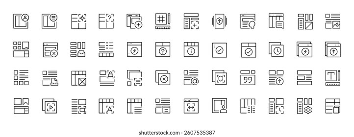 Interface and Layout icon collection. Grid icon set. User interface icons, sidebar, layout, grid system, toolbar, wireframe, alignment guide, configuration and more. Editable stroke. Pixel Perfect.