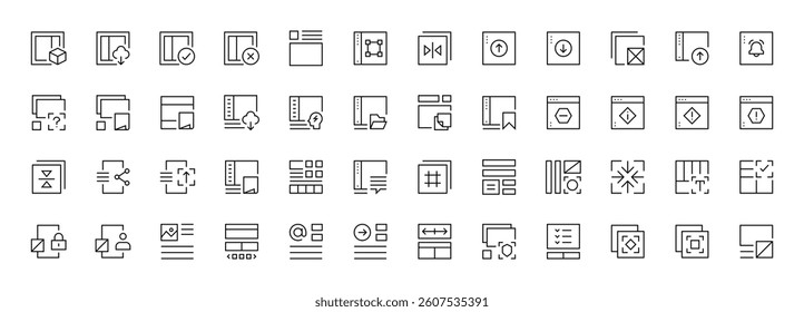 Interface and Layout icon collection. Grid icon set. User interface icons, sidebar, layout, grid system, toolbar, wireframe, alignment guide, configuration and more. Editable stroke. Pixel Perfect.
