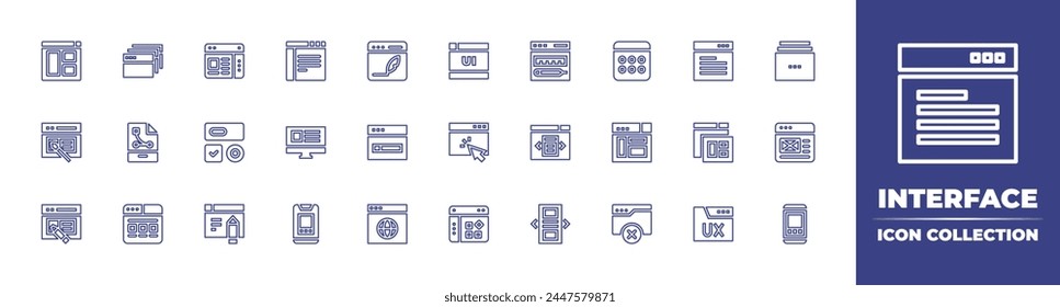 Interface line icon collection. Editable stroke. Vector illustration. Containing interface, web, browser, website, application, layout, blog, web design, download, ux interface, visualization.