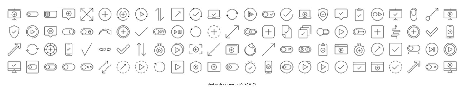 Interface Line Icon Set. Contains Icons of Arrows, Plus, Check, Play that Can Be Used for Design of Cards, Posts, Apps, Web Sites