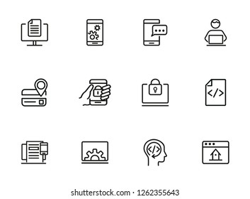 Interface line icon set. Home page, locked smartphone, messenger. Communication concept. Can be used for topics like app development, programming, setting
