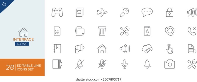 Interface Line Icon Set" típicamente incluye íconos minimalistas basados en Vectores que representan varios Elementos de interfaz como Botones, menús, controles deslizantes, campos de entrada y otros componentes de la interfaz de usuario.