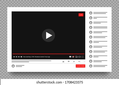 Interface of live streaming multimedia player of social media. Template of website page with broadcasting or live stream. Online streaming window. Mockup on transparent background with shadow. Vector