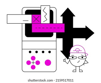 Interface management and support - colorful flat design style illustration with linear elements. A purple colored composition with pocket game console and little helper. Modern technologies idea