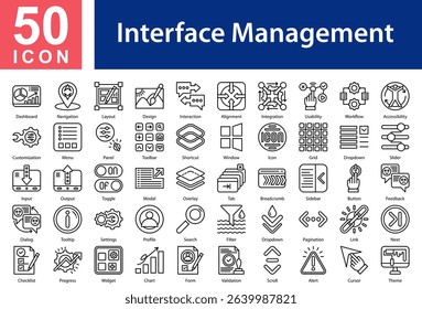 Interface ManagementCollection of Icons with Outline Style Containing: Dashboard,Navigation,Layout,Design,Interaction,Alignment,Integration,Usability,Workflow,Accessibility,Customization,Menu,Panel