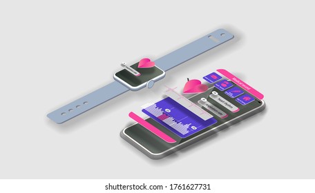 Interface of the medical app on the screen of your mobile phone and smart watch. Vector banner