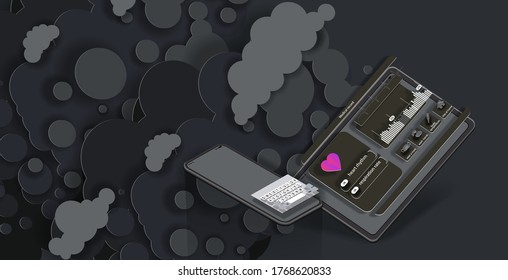  Interface of a medical mobile app on the screen of a digital tablet and mobile phone against a background of black clouds. Vector banner