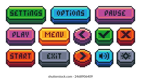 Interface menu pixel buttons. Retro video game UI navigation panel, 8 bit sprite game app icons play pause menu settings options exit. Old school game symbols. Vector isolated set