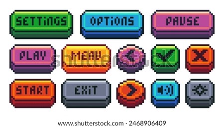 Interface menu pixel buttons. Retro video game UI navigation panel, 8 bit sprite game app icons play pause menu settings options exit. Old school game symbols. Vector isolated set