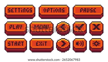 Interface menu pixel buttons. Retro video game UI navigation panel, 8 bit sprite game app icons play pause menu settings options exit. Old school game symbols. Vector isolated set.