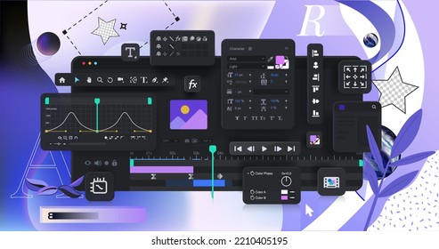 Interface menu and program panels for motion design on an abstract background