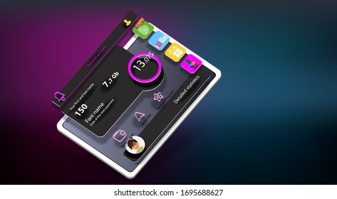 Interface of a mobile application of a mobile operator on the screen of a digital tablet in space. Vector banner