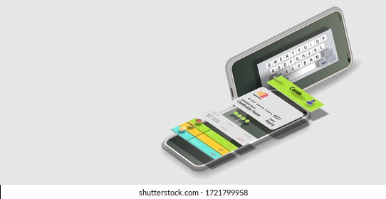  Interface of a mobile application for the sale of home goods and a numeric keypad in space. Vector banner
