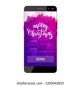 The interface of a mobile application for sending Merry Christmas greeting card on the screen of the smartphone. Vector illustration.