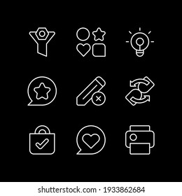 Interface for mobile application white linear icons set for dark theme. Mobile app signs. Night mode customizable thin line symbols. Isolated vector outline illustrations. Editable stroke