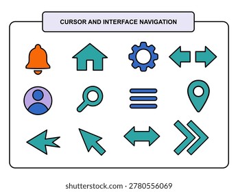 Interface navigation icons include home, search, settings, profile, and notification symbols in a flat line style.