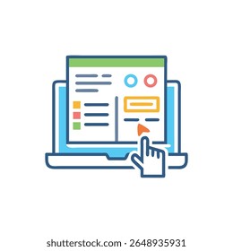 An interface on a laptop screen being selected by a cursor. Graphic style, flat design.