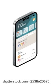 The interface of the online bank application is displayed on the smartphone screen. Isometric isolated vector illustration