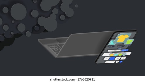  Interface of an online clothing store on the screen of a mobile phone and laptop. Vector banner