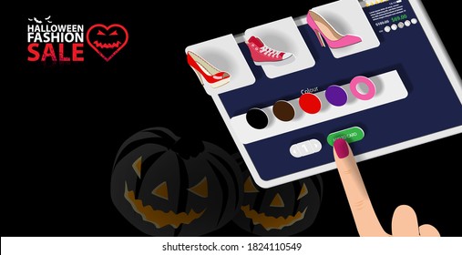  Interface of an online Shoe store on the screen of a digital tablet for Halloween. Vector banner