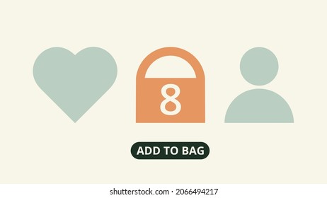 Interface of online shop. Add to bag concept. Favorites, shopping cart with number of purchases and customer icon. For topics like consumerism, sale, retail