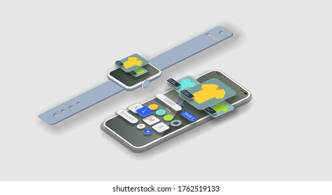 Schnittstelle eines Online-Shops mit Kleidung auf dem Bildschirm einer intelligenten Uhr und Handy. Vektorbanner