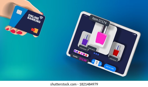  Interface of an online store selling cosmetics on the screen of a digital tablet. Vector banner