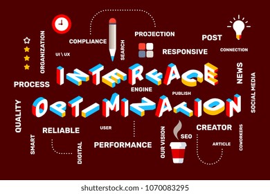 Interface optimization concept on dark color background with icon, keyword. Vector creative horizontal illustration of 3d word lettering typography. Isometric template design for business web banner