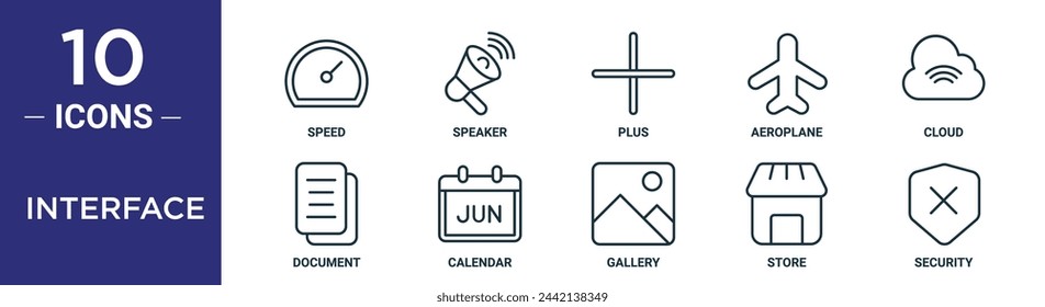 interface outline icon set includes thin line speed, speaker, plus, aeroplane, cloud, document, calendar icons for report, presentation, diagram, web design