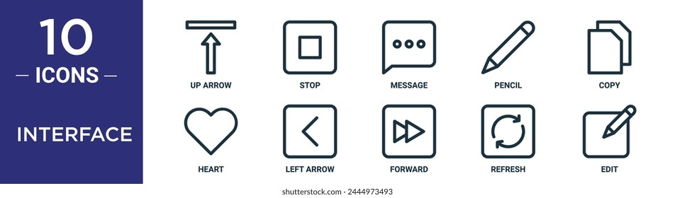 interface outline icon set includes thin line up arrow, stop, message, pencil, copy, heart, left arrow icons for report, presentation, diagram, web design