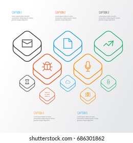 Interface Outline Icons Set. Collection Of Cloud, Audio, Dashboard And Other Elements. Also Includes Symbols Such As Error, Bug, Mike.