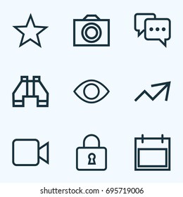 Interface Outline Icons Set. Collection Of Find, Video, Camera And Other Elements. Also Includes Symbols Such As Increase, Day, Trend.
