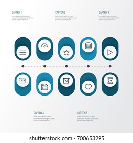 Interface Outline Icons Set. Collection Of List, Arrow, Database And Other Elements. Also Includes Symbols Such As Diskette, Heart, Arrow.