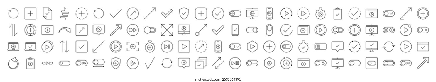Interface Outline Simple Icons Bundle. Contains Icons of Arrows, Plus, Check, Play that Can Be Used for Design of Cards, Posts, Apps, Web Sites