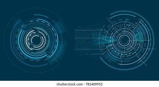 Interface patterns with lots of shapes banner vector iilustration with blue fat lines and squares, dots and pointers, abstract microchip and circles