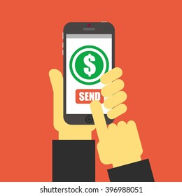 Interface of payment method on smartphone screen. Hand hold smartphone. Modern concept for web banners, web sites, infographics. Creative flat design template vector illustration