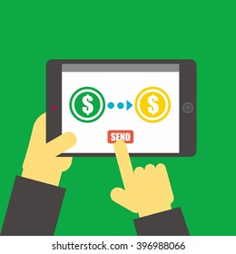 Interface of payment method on tablet screen. Hand hold smartphone. Modern concept for web banners, web sites, infographics. Creative flat design template vector illustration