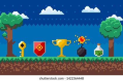 Interface of pixel game with power symbols, key and cup, bomb and flask on ground, cloudy sky at night, trees decorations, award sign, screen vector. Pixelated 8 bit objects for mobile app game